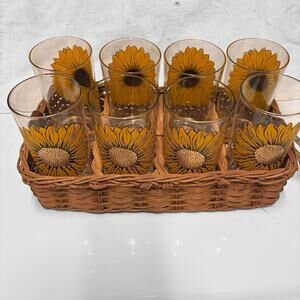 Vintage Libbey Sunflower Highball Glasses Set of 8 with Wicker Caddy Carrier